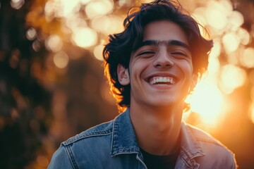 Smiling young man outdoors during sunset, enjoying life and capturing joyful moments. Personal happiness, youth culture, and carefree lifestyle concept.