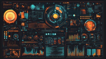 Poster - Futuristic Control Panel Interface Displays Data, Dark Background