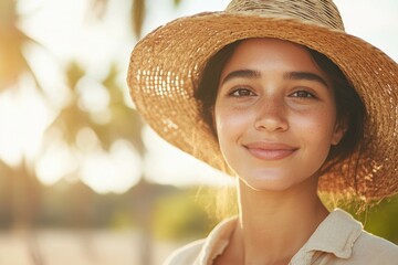 Wall Mural - Woman in straw hat smiling outdoors during sunny day, enjoying nature and vacation. Relaxation, summer vibes, and warmth in tropical environment.