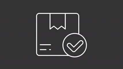 Poster - Package verification mark white line animation. Delivery compliance animated icon. Checkmark showing up. Jumping box. Isolated illustration on dark background. Transition alpha video. Motion graphic