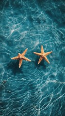 Poster - Two vibrant starfish lie undisturbed in clear blue waters, surrounded by gentle ripples, reflecting a calm and serene coastal atmosphere