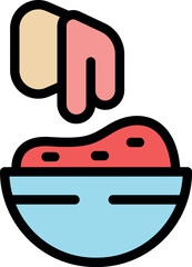 Poster - Colorful vector icon of a chef adding a sauce or other topping to a bowl of food, likely representing cooking or food preparation