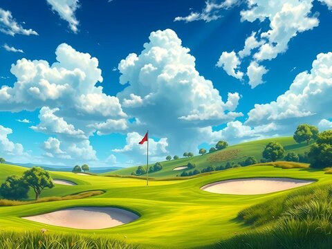 Dynamic anime-style golf course background with lush green grass, sand bunkers, blue sky, and smooth shading