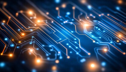 Poster - futuristic circuitry glowing blue and orange on dark background, symmetrical high detail design