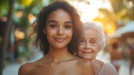 Wall Mural - young woman and elderly woman share warm moment outdoors, surrounded by lush greenery and soft sunlight. Their expressions convey love and connection