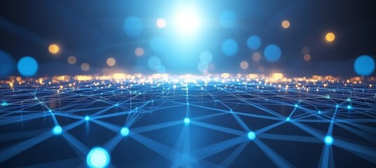 Poster - Abstract Blue Network Background, Interconnected Nodes And Lines With Bright Bokeh Circles