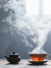 Poster - Steaming teacup and teapot on wooden table, bright window background, calming atmosphere, perfect for wellness websites