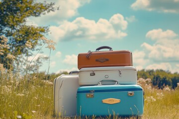 Canvas Print - Vintage suitcases, stacked, field, summer, travel, journey, idyllic, background