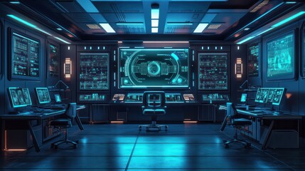 Poster - Futuristic control room, monitoring screens, spaceship, data analysis, sci-fi film set