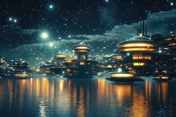 Poster - A floating city concept illuminated with bioluminescent lights under a star-filled night sky