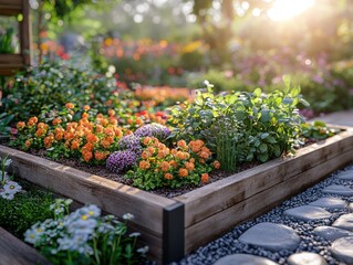 Wall Mural - a colorful raised flower bed at sunset with varied flowers and foliage and stone path
