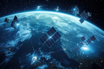 Poster - A glowing network of satellites orbiting the Earth, symbolizing advancements in global communication technology