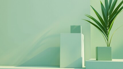 Poster - 3D rendering green cube podium light minimal simple cosmetic square stage geometric scene product and plant palm leaf