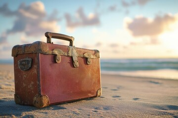 Canvas Print - Vintage suitcase sunset beach travel journey vacation