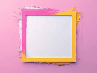 Wall Mural - A vibrant yellow and pink frame against a soft pink background. The paint is textured and has a slightly distressed look, adding to its unique charm.