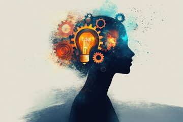 Poster - Abstract design of a person with gears and lightbulbs inside their head, symbolizing creative thinking and idea generation. Concept of innovation and entrepreneurship