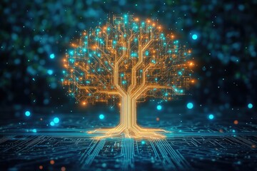 Poster - Abstract digital tree with circuit patterns representing growth, sustainability, and the evolution of technology in business