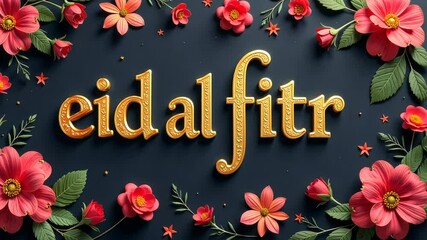 Aufkleber - The word Eid al-Fitr is written in gold letters on a black background. The letters are surrounded by flowers