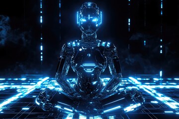 Poster - Advanced robot queen symbolizing AI power on a glowing cybernetic stage