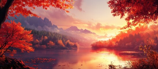 Wall Mural - autumn landscape at sunset with vibrant orange and red foliage reflecting on a serene lake surrounde