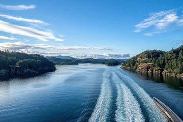 Wall Mural - Ship's Wake, Fjord, Island, Coastal Cruise, Travel, Sunshine, Mountains, Water, Sky, Blue