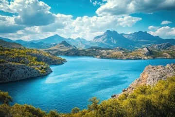 Canvas Print - Mountain lake summer scenic view, travel poster