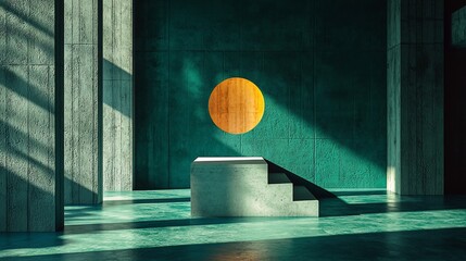 Poster - Minimalist concrete stairs and platform in teal room with sunlit circular cutout.