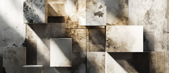 Wall Mural - Neutral-toned abstract labels arranged on a textured surface with shadows creating depth and enhancing visual intrigue and symmetry