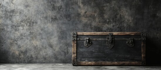 Wall Mural - Vintage black wooden chest positioned on a light gray floor against a dark textured concrete wall, enhancing home interior aesthetics with elegance.