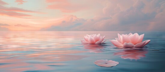 Wall Mural - tranquil ocean scene with soft pink hues blending into calm water and sky, two pink lotus flowers po