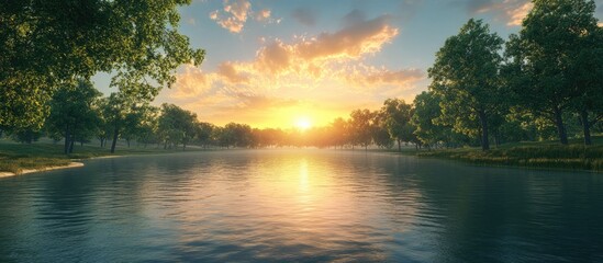 Wall Mural - serene sunset reflection on calm lake with golden hues lighting up the sky and lush green trees fram