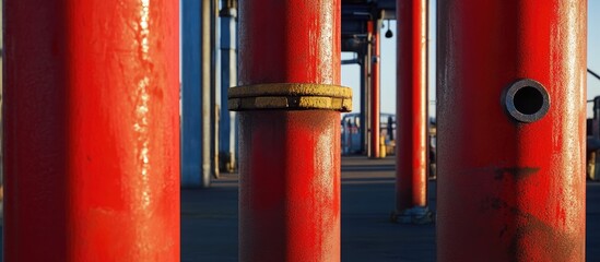 Wall Mural - Red steel columns with blue accents in an industrial setting highlighting craftsmanship and attention to detail with a focus on textures and colors.