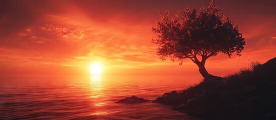 Wall Mural - solitary silhouette of a tree against a vibrant orange and red sunset creating a serene atmosphere o