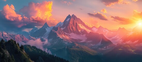 Wall Mural - vibrant sunset illuminating majestic mountains with hues of orange and pink sky reflecting on serene