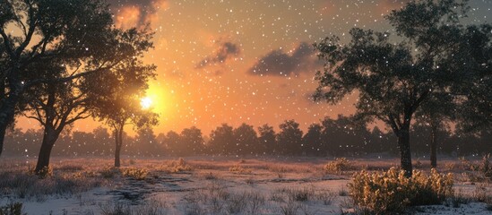 Wall Mural - serene winter landscape during sunset with soft snowfall, warm orange sun filling the sky, dark tree