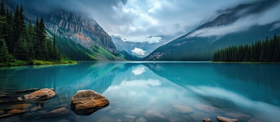 Wall Mural - Serene lake landscape with turquoise waters reflecting moody clouds and surrounded by lush green trees under dramatic mountain peaks.