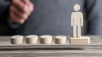 Poster - A wooden figure stands on a raised platform, symbolizing progress or achievement, while a hand gestures in the background, indicating guidance or support