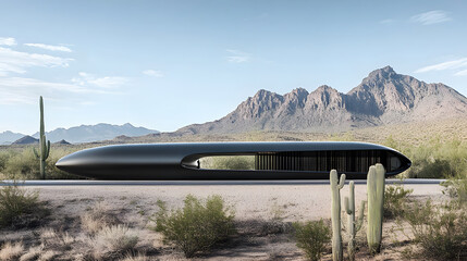 Fototapete - a sleek, modern structure is set against a desert landscape with mountains and cacti, highlighting t
