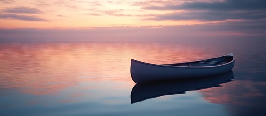 Wall Mural - serene dusk over calm waters with a solitary white canoe floating gently reflecting pastel hues of p