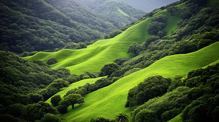 Poster - Lush green hills roll gently under a misty sky, showcasing the beauty of nature with vibrant foliage and tranquil landscapes