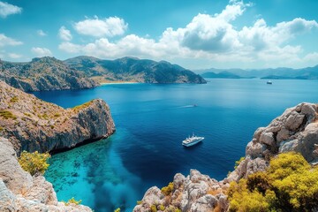 Wall Mural - Coastal yacht cruise, turquoise bay, scenic cliffs, sunny sky