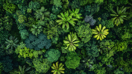 Poster - Aerial view of a dense, lush green forest showcasing a variety of trees and foliage in different shades of green