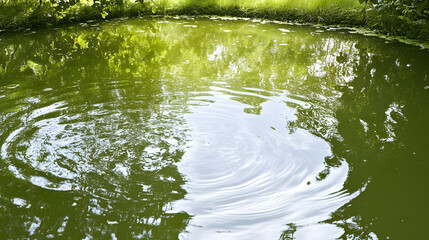 Poster - A tranquil pond with green water reflecting surrounding trees, featuring gentle ripples that disturb the calm surface