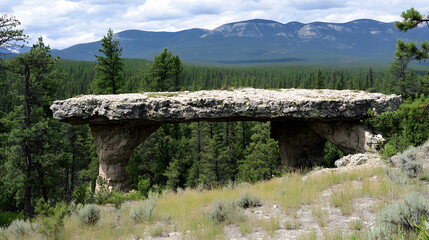 Aufkleber - A large, flat rock formation sits atop a natural pillar amidst a lush landscape of trees and mountains in the background