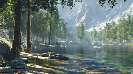 Aufkleber - A serene landscape featuring a tranquil lake surrounded by lush trees and majestic mountains in the background