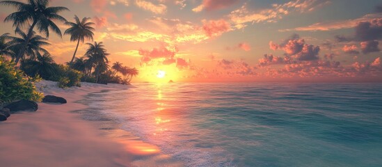 Wall Mural - serene beach sunset with vibrant orange and pink hues reflecting on calm blue waters, surrounded by 