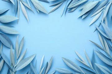 Poster - Blue paper palm leaves forming a tropical frame on a pastel blue background. Minimal summer theme with exotic textures and space for text