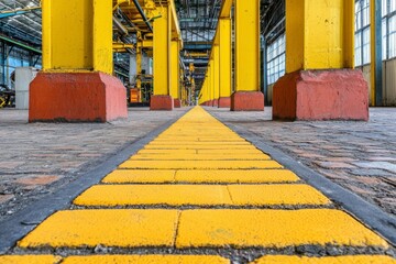 Poster - Industrial Warehouse Aisle with Yellow Markings and Support Columns in a Spacious Facility