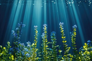 Poster - Blue undersea view with a sandy bottom illuminated by gentle sunlight rays