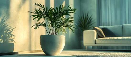 Sticker - Modern living room featuring a large green potted plant in white pot positioned to the left with soft natural light casting shadows on pale wall